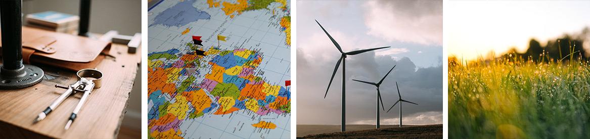 four panels, a grasslands field, three wind turbines in a field, a map of africa, europe and greenland with flag pins stuck in it, a old chalkboard drawing compass sitting on a brown desk